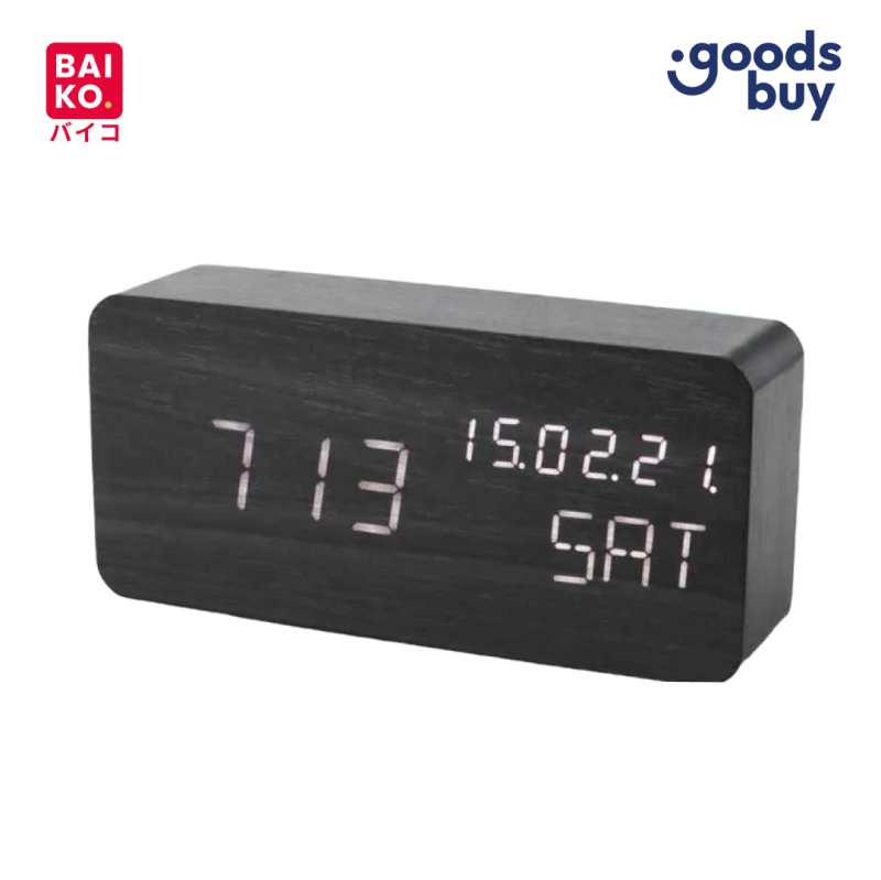 Jam Alarm Digital Light LED Wood Meja Motif Kayu Hitam